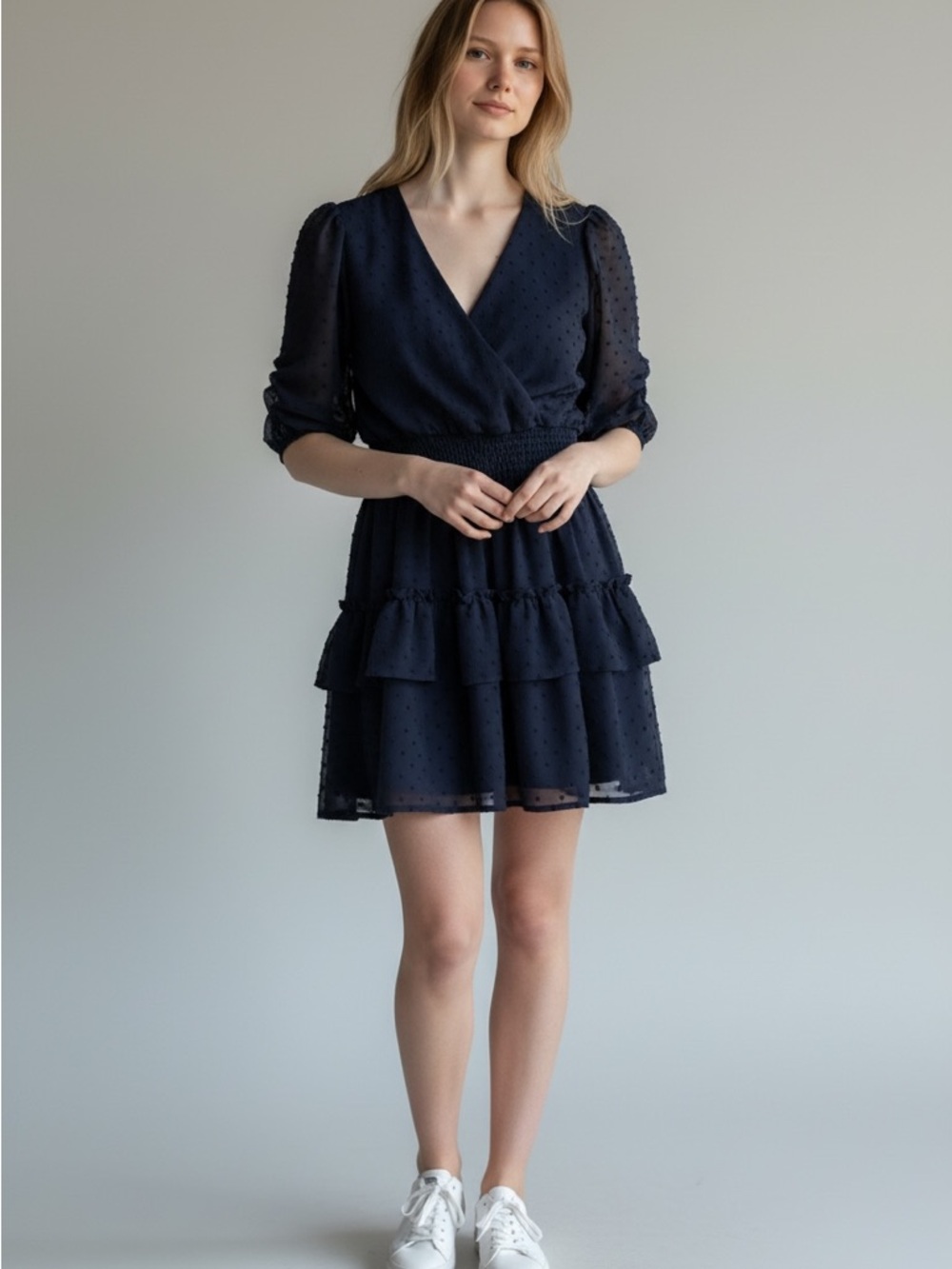 Altar'd State Navy Dot-Textured Wrap Mini Dress